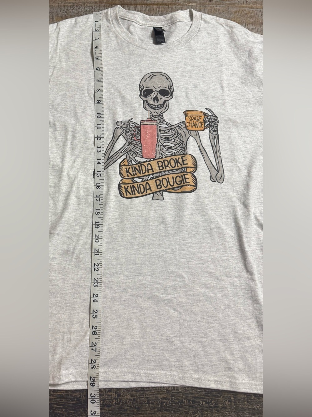 Gildan Light Gray Tee with Skeleton 'Kinda Broke Kinda Bougie' Graphic - Picture 7 of 7